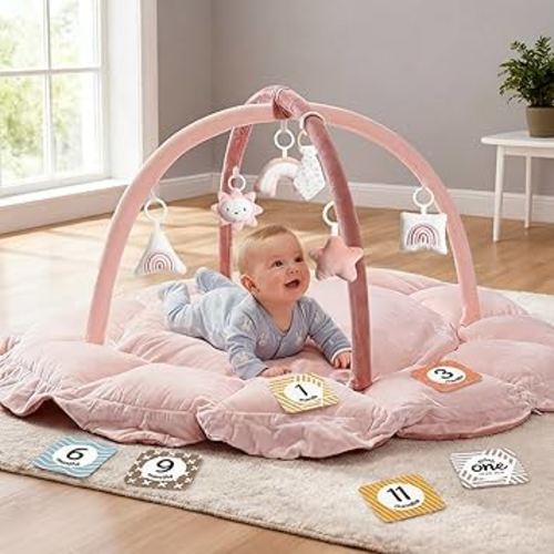 5-in-1 Thick & Plush Baby Play Gym, Baby Play Mats for Floor, Tummy Time Mat with 6 Toys, Convertible Stage-Based Developmental from Babies to Toddlers, Ball Pit, Pink