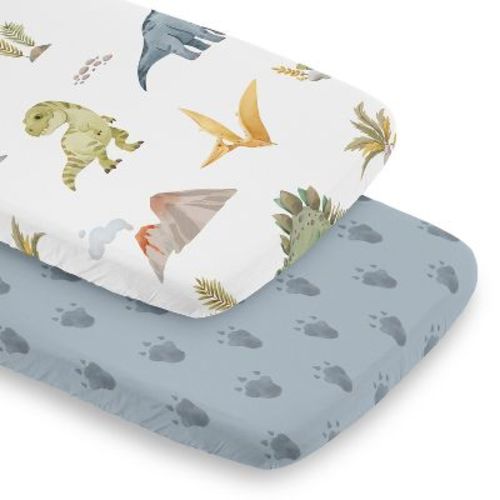 Sweet Jojo Designs Boy Baby Bassinet Fitted Sheets Set Watercolor Dinosaur Dino Blue Green and Orange 2pc