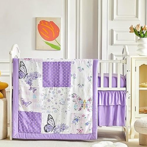 Patchwork Crib Bedding Set Butterfly Plaid Floral Design 3 Pieces Baby Girl Cute Quilted Comforter with Fitted Sheet and Bed Skirt - Purple Flower White Butterfly Dots Style Crib Bed Set