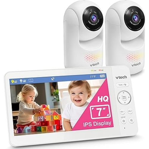VTech Advanced HQ Max Twin 7" Digital Video 2-Cameras Baby Monitor with Pan Tilt Zoom, Long Battery Life 5000mAh, IPS Screen, Adaptive Multi-Color Night Light, 2-Way Talk, HQ Display, No WiFi, White