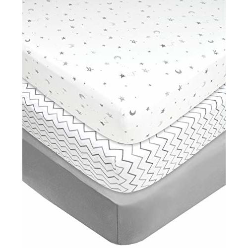 American Baby Company 3 Pack Fitted Pack N Play Playard Sheet 27" x 39", Soft Breathable Neutral 100% Cotton Jersey Pack and Play Sheet, Gray Star/Zigzag, for Boys and Girls, Fits Most Mini Crib