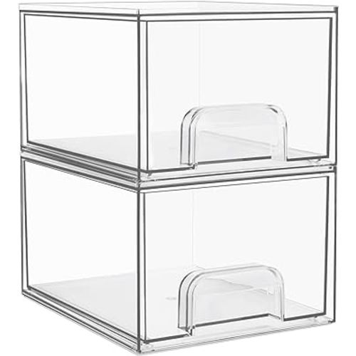 Vtopmart 2 Pack Clear Stackable Storage Drawers, 4.4'' Tall Acrylic Bathroom Makeup Organizer,Plastic Storage Bins For Vanity, Undersink, Kitchen Cabinets, Pantry, Home Organization and Storage