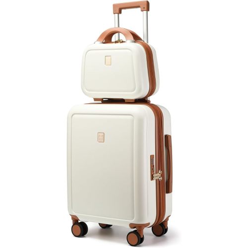 MYER Carry On Hard Shell Vintage Luggage Sets 2 Piece with Spinner Wheels,Cute Expandable Suitcase with TAS Lock,3-Layer PC Texture for Womem (White, 13-inch/20-inch)