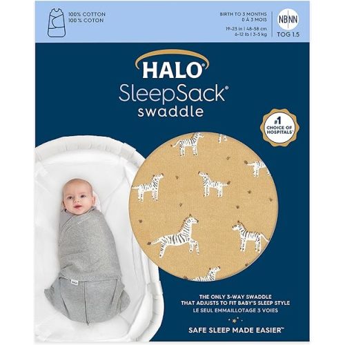 HALO 100% Cotton Sleepsack Swaddle, 3-Way Adjustable Wearable Blanket, TOG 1.5, Serengeti Zebra, Newborn, 0-3 Months