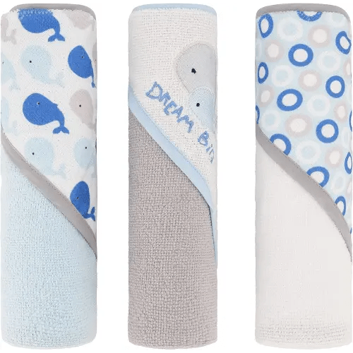 Cudlie Buttons & Stitches Baby Boy 3 Pack Rolled/Carded Hooded Towels in Dream Big Whale Print Cotton (GS71724)