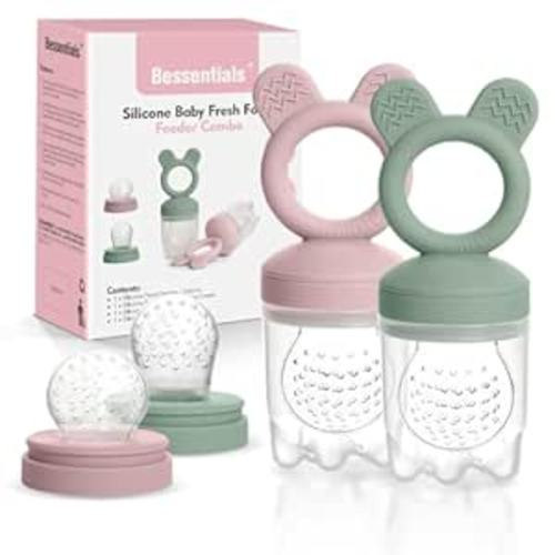 Bessentials Baby Fresh Fruit Food Feeder - 2 Pack Silicone Baby Mesh Feeders for Infant Safe Self Feeding |3 Sizes Food Pouches Included| Suitable for Baby 4m+ (Light Pink & Grass Green) : Baby