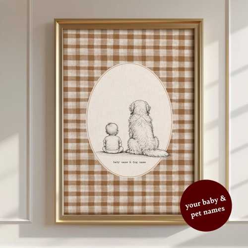 Custom Baby name and Dog Nursery Art, Neutral Gingham Golden Retriever Poster