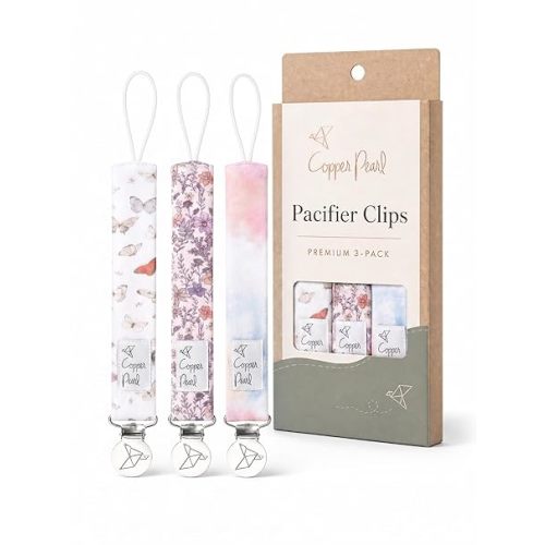 Copper Pearl 3-Pack Pacifier Holders: Premium Knit Binky Clips for Baby Girls and Boys - Stylish Stainless Steel Design for Secure No-Drop Attachment - Gemma in Tan
