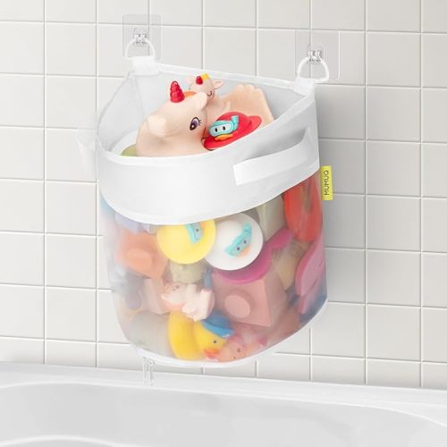 Bath Toy Storage, 1.55 Gallons Bath Toy Holder, Bottom Zipper Bathtub Toy Storage Organizer Bag, Quick Access Baby Shower Games Bath Tub Quick Dry Baby Bath Toy Storage Accessory White (S)