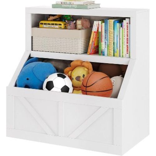 Acekool Kids Bookshelf and Toy Storage, 2-Tier Organizer with Lower Cabinet, Toddler Bookcase for Bedroom, Playroom, Classroom, Vintage White