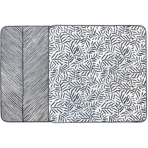 Toddlekind Pretty Practical Mat 100% Organic Cotton 47" x 47”, Reversible, Portable, Travel, Portable, Indoor/Outdoor, for Babies/Toddlers, Sandy Lines-Ocean Leaves-Charcoal (Grey/Black)