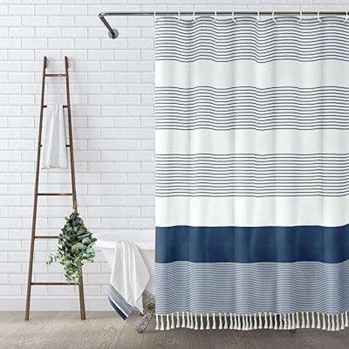 Awellife Navy Blue Shower Curtain for Bathroom Stripe Tassel Shower Curtain 72 X 72 Inches Farmhouse Cotton