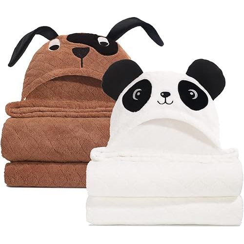 Hooded Towels for Toddlers Age 1-5, 2-Pack Thick Absorbent Toddler Bath Towels Boys & Girls, 50'' x 32'' Large Super Soft Toddler Towels with Hood Panda Puppy, Baby Bath Towels, Brown & White