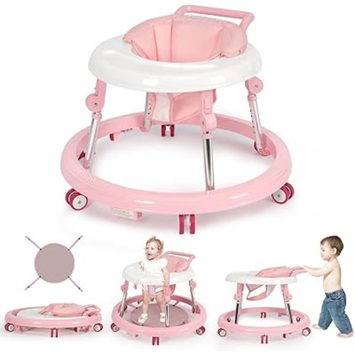 Baby Walker Foldable with 9 Adjustable Heights, Baby Walkers and Activity Center for Girls Boys Babies 7-18 Months, Baby Walker with Wheels Portable Anti-Rollover (Pink)