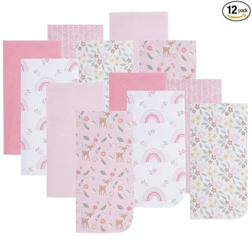 EVERYDAY KIDS 12 Pack Burp Cloths for Baby Girl; Newborn Essential with - Large Absorbent Cotton Flannel Pink Burping Cloths for Babies with Woodlands, Floral and Rainbow Prints and Solids