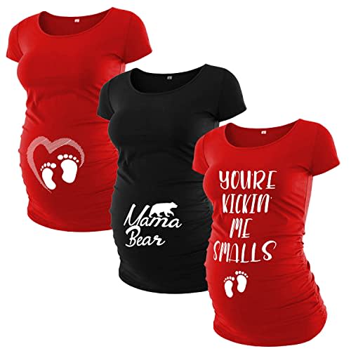 Graphic Pack of 3 Maternity Shirts for Women - Side Ruched Pregnancy Tops for Expecting Womens