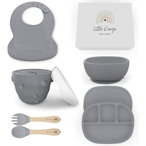 Little Keegs Baby Feeding Set - Baby Must Haves Gift Set - Baby Led Weaning  Supplies - Toddler Silicone Dishes - Suction Baby Bowl, Bib, Snack Cup,  Utensils, Baby Plate Set of 8 (Pink) 