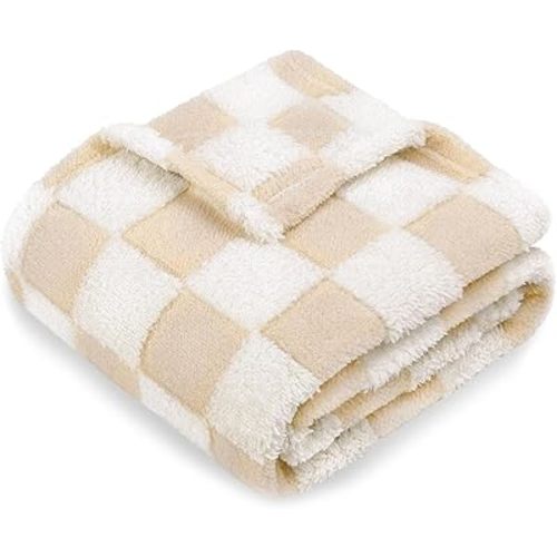 HOMRITAR Baby Blanket for Boys & Girls - Soft, Cozy Reversible Checkerboard Blanket, Fluffy Plush Lightweight, Chessboard Grid Design, Khaki, 30 x 40 Inch