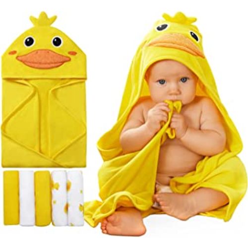 SYNPOS Baby Bath Towels Hooded, Hooded Baby Towel with 5 Washcloths - Ultra Absorbent and Non-Balling Baby Bath Towel for Baby Boy/Girl, Toddler, Infant