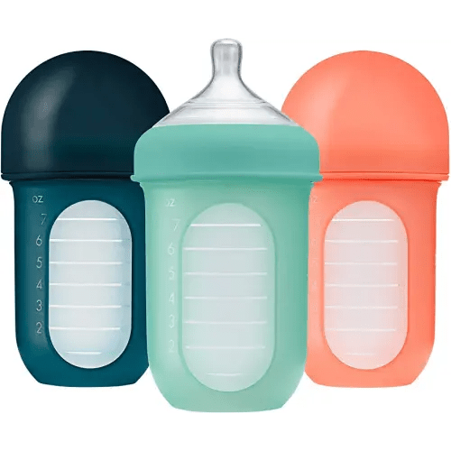 Boon Nursh Reusable Silicone Pouch Baby Bottles - Medium Flow Nipple - Silicone Baby Bottle Pouch and Nipple - Baby Feeding Essentials - Mint - 3-6 Months - 3 Count - 8 Ounce