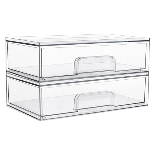 Vtopmart 12''W Clear Stackable Storage Drawers,2 Pack Acrylic Plastic Organizers Bins for Makeup Palettes, Cosmetics, and Beauty Supplies,Ideal for Vanity, Bathroom,Cabinet,Desk Organization