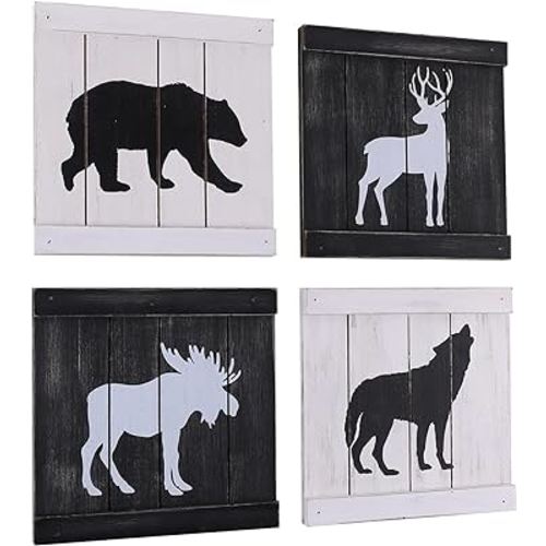 Rustic Cabin Decor Clearance, Wolf Deer Moose Bear Decorations for Home, Woodland Baby Boy Nursery Decor Room Decor, Moutain Decor, Cabin Lodge Wall Art Decor, Hunting Decor for Bedroom, Set of 4