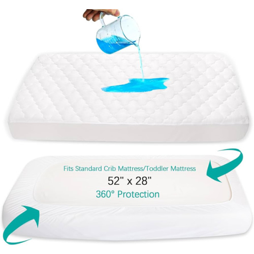 Crib Mattress Protector Sheets Fitted Waterproof Crib Mattress Pad Cover, Noiseless & Machine Wash 100% Absorbent Crib/Toddler Mattress Protector Sheet Quilted, White, 52" x 28"