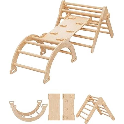 Cozy Castle 5 in 1 Pikler Triangle Set, Foldable Climbing Toys Indoor Playground, with Arch Climber, Rocker, Jungle Gym, Oak