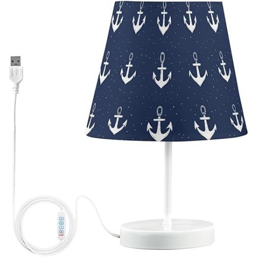 Beautiful Boat Anchor Ocean Table Lamps Bedside Lamp Nightstand Lamp LED with Fabric Lampshade USB Ports Wood Base for Bedrooms and Living Room