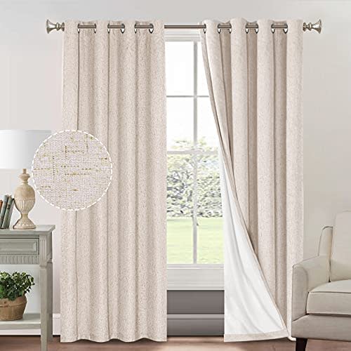 Primitive Textured Linen 100% Blackout Curtains for Bedroom/Living Room Energy Saving Window Treatment Curtain Drapes, Burlap Fabric with White Thermal Insulated Liner (52 x 96 Inch, Natural)