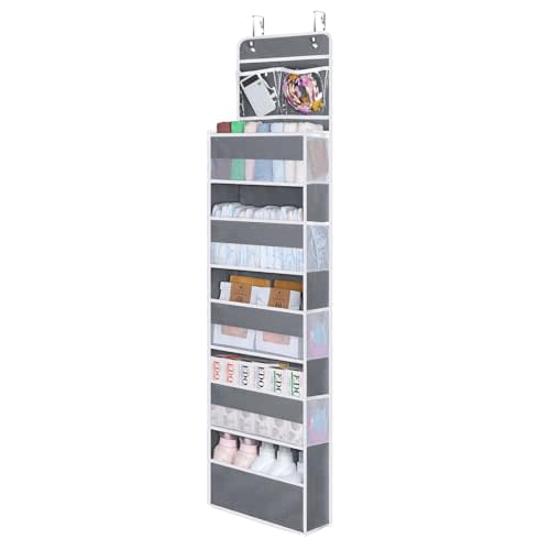 Univivi Over Door Hanging Organizer Storage with 5 Large Pockets and 2 Small PVC Pockets for Cosmetics Wall Hanging Storage Organizer for Pantry Baby Nursery Bathroom Closet Dorm(Grey)
