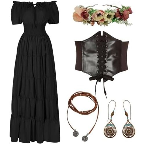 5 Pcs Renaissance Medieval Costume Dress Women Fairy Dress Peasant Cottagecore Dress 1700s Victorian Fairy Costume