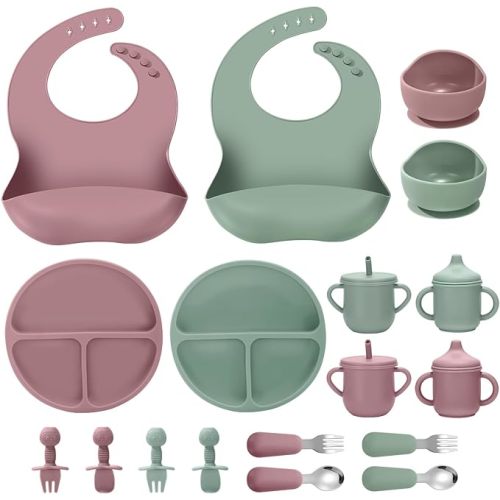 Silicone Baby Feeding Set, 18PCS Baby Led Weaning Supplies, Eating Essentials Utensils with Suction Plate and Bowl, Adjustable Silicone Bib, for 6+ Months (Pink+Green)