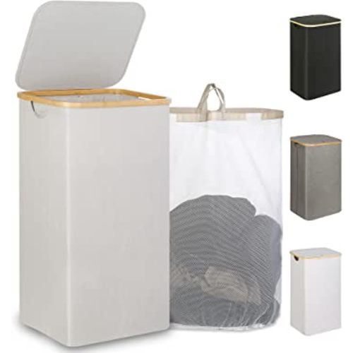 Laundry Basket with Lid, 110L Large Laundry Hamper with Handle and Lid, Collapsible Clothes Basket Organizer with Removable Inner Bag for Clothes Toys Towels - Light Grey