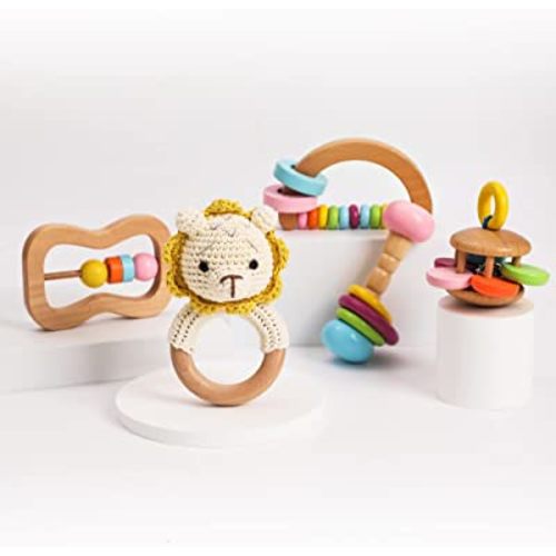 Natural Wooden Toy Classic Wood Rattle Bell Toys in 5pc Gift Box - Perfect Toddlers Boys and Girls Gift