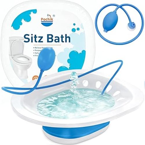 Pochik Sitz Bath for Toilet Seat Hemorrhoids and Postpartum Care, Yoni Steam Seat, Perineal Soaking, Collapsible, Flusher Hose, Drain Holes, Wider Seating Area - Blue