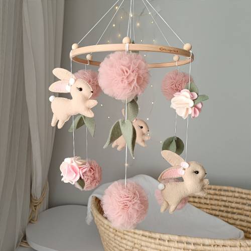 Bunny mobile for girl, mobile with tulle pompoms, girl crib mobile, nursery mobile for girl