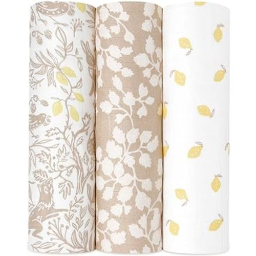 aden + anais Silky Soft Swaddle Blanket, Boutique Muslin Blankets for Girls & Boys, Baby Receiving Swaddles, Ideal Newborn & Infant Swaddling Set, Perfect Shower Gifts, 3 Pack, Natural Woodland