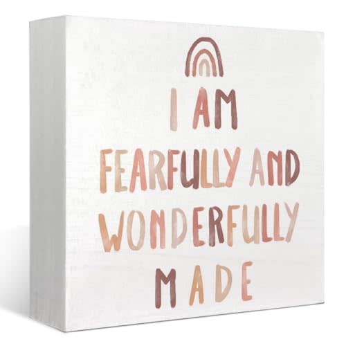FLVGE Boho Neutral Baby Nursery Decor - Inspirational Bible Verse Rainbow Wood Box Sign, Toddler Room Desk Decor, Christian 5x5 Burlywood