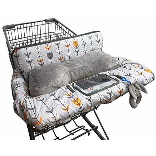 Shopping Cart Cover for Baby Cotton, Minky Bolster Positioner, 6.5" Cellphone Holder, High Chair Cover for Boy Girl,Infant Grocery Cart Cushion Liner Large - Grey