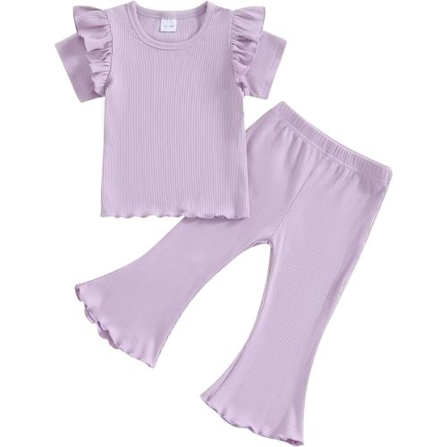 Kupretty Baby Girl Clothes Summer Solid Knit Ruffle Short Sleeve T-Shirt Tee & Flare Pants Set Toddler Bell-bottoms Outfit