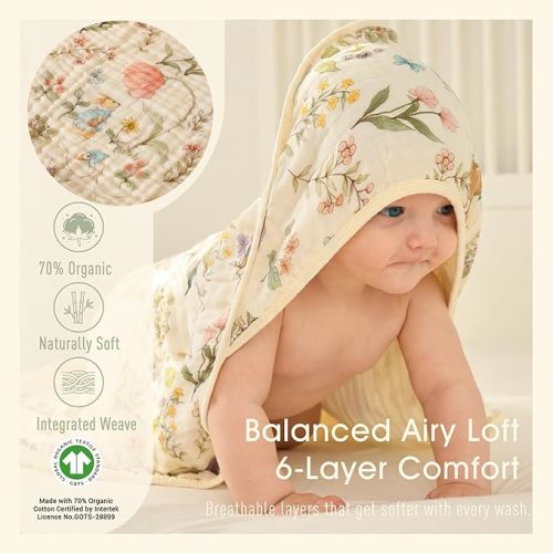 GOTS Certified Ultra-Soft Muslin Baby Towel - 32 x 32 Inches, Ideal for Bath & Beach, Suitable for Both Boys & Girls from Newborns to Toddlers, Garden