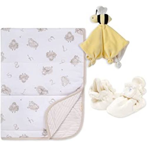 Burt's Bees Baby Unisex Baby Gift Set - Reversible Jersey Blanket, Adjustable Infant Booties & Plush Toy, 100% Organic Cotton Essentials Bundle