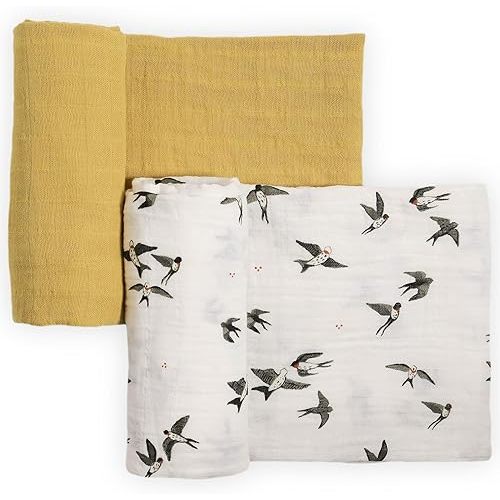 Little Unicorn 100% Certified Natural Organic Cotton Muslin Swaddle Blanket (Swallows)
