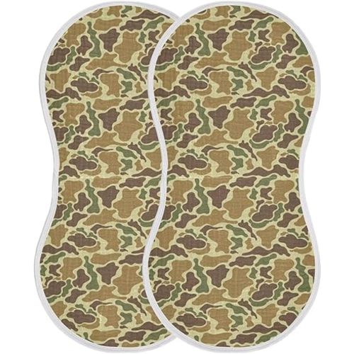 Baby Muslin Burp Cloths Set of 2 Vintage Camo Green Muslin Washcloths Camouflage Retro Brown Army Milk Spit Up Rags Soft Newborn Towel Burp Cloth Bib for Unisex Boys and Girls, 22 x 11 Inch