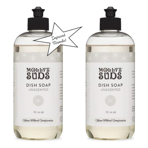 Molly's Suds Natural Liquid Dish Soap | Long-Lasting, Powerful Plant-Powered Ingedients | Unscented, Fragrance Free | 16 oz - 2 Pack
