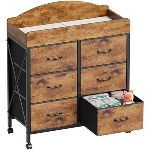 Yetom Baby Changing Table Dresser with Wheels, 6-Fabric Drawer Baby Dresser with Changing Table Top, Waterproof Diaper Changing Station & Pad, Mobile Storage Unit, Baby Furniture, Rustic Brown