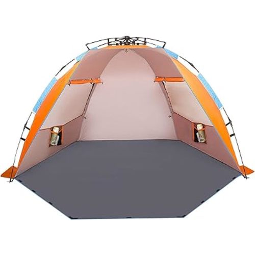Oileus X-Large 4 Person Beach Tent Sun Shelter - Portable Sun Shade Instant Tent for Beach with Carrying Bag, Stakes, 6 Sand Pockets, Anti UV for Fishing Hiking Camping, Waterproof Windproof, Orange