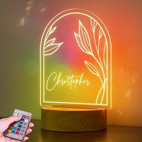 Personalized Baby Gift Name Night Light for Kids Girls Boys Nursery Decor with Leaf Acrylic Light - Includes Remote and Color-Changing, Laser Engraved in The USA