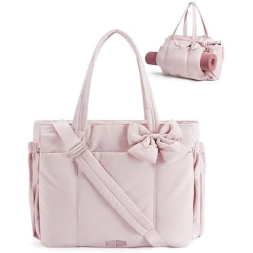 BAGAMSRT Crush Bow Tote Bag for Women, Large Work Tote with 40oz Tumbler, Puffer Travel Tote Bag for Work, Yoga, Gym